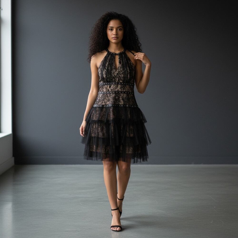 BCBGMAXAZRIA Black Lace & Tulle Grommet Dress | Size 6 - Picture 2 of 10
